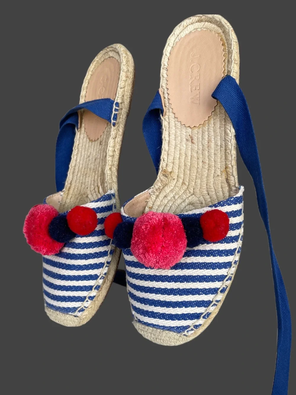J. CREW Blue White Striped Canvas w/ Pink Pom Pom Ankle Wrap Espadrilles Flats